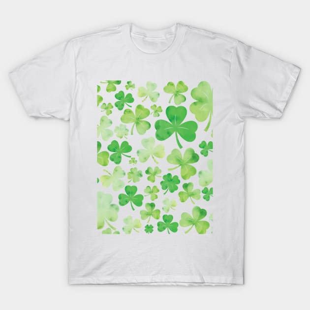St Patricks Day Green Watercolour Shamrock Pattern T-Shirt by tanyadraws